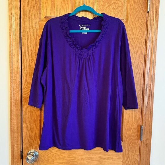 Just My Size Women's Plus 3X Purple Ruffle Neck Tee 3/4 Sleeve - Picture 1 of 6